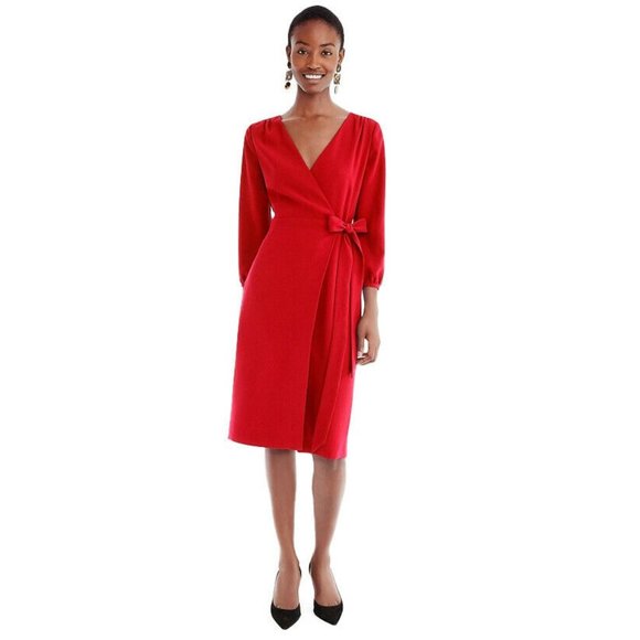 J CREW Womens Sz 0 Red Wrap Holiday Dress 365 Crepe Long Sleeve Lined Bow Belt
